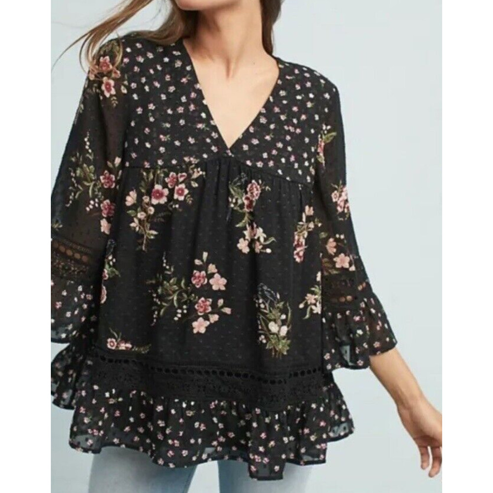Anthropologie Maeve Steffy Bell Sleeve Top Boho Floral Feminine Sheer Lined XS
